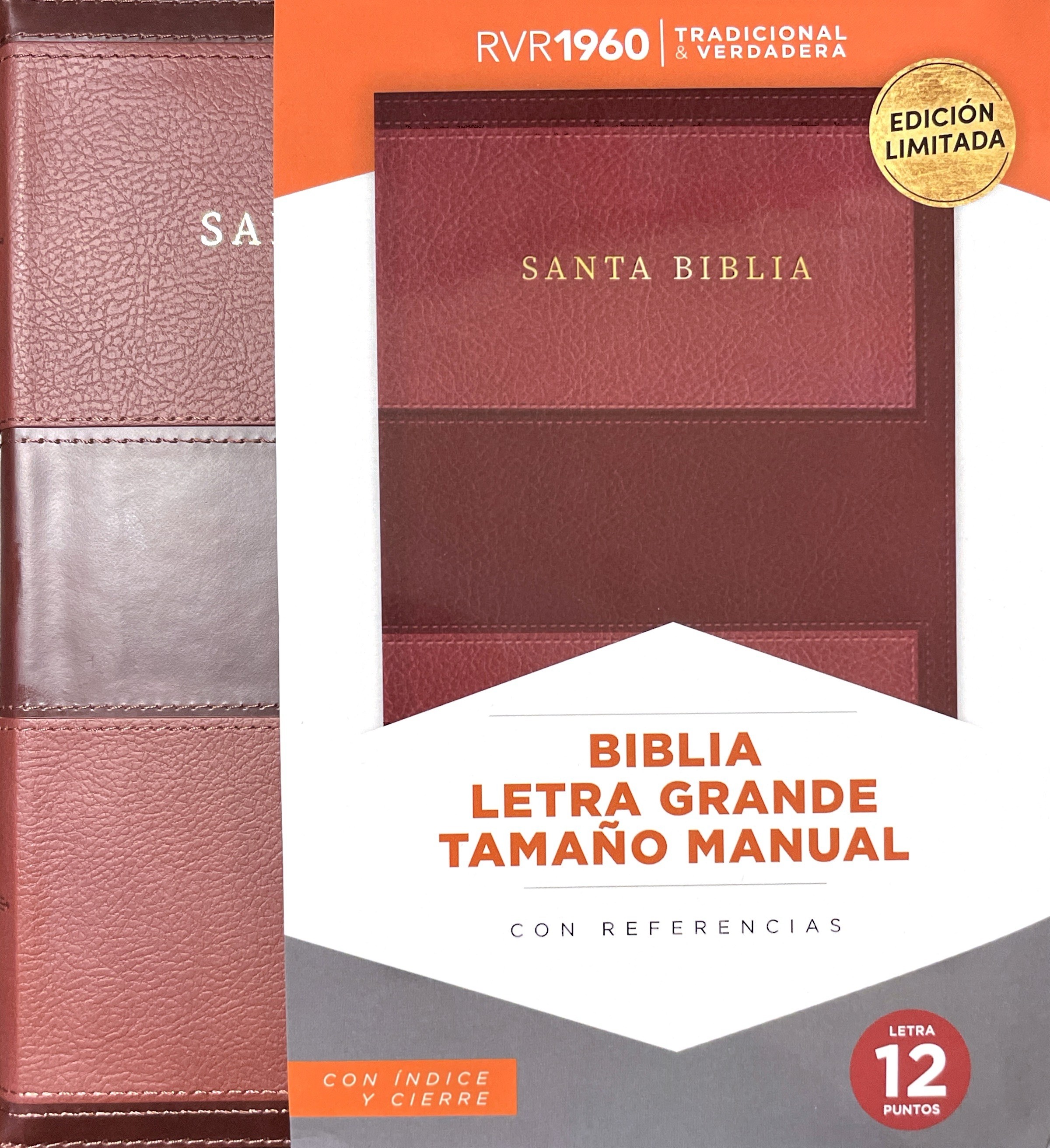 BIBLIA TAMAÑO MANUAL, LETRA GRANDE,   EDICIÓN LIMITADA CON CIERRE E ÍNDICE (12 PUNTOS) CAFÉ SIMIL PIEL